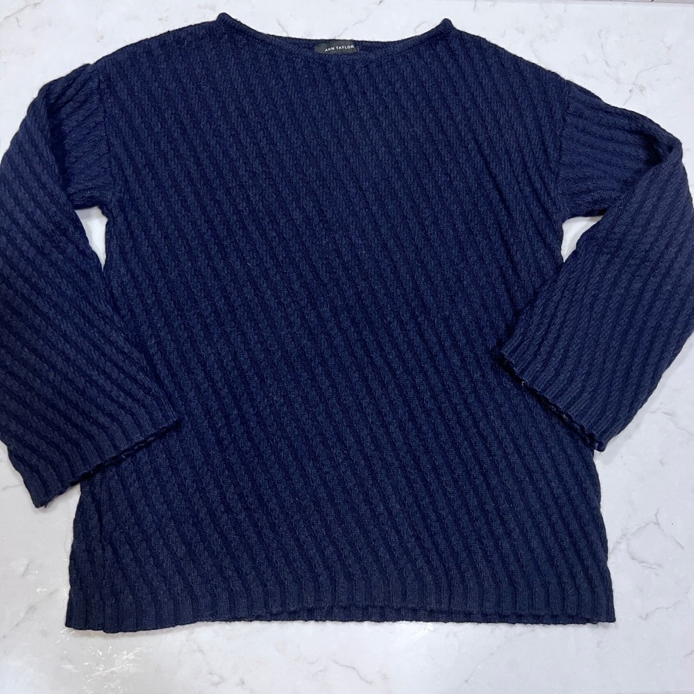 Ann Taylor Textured Alpaca Blend Knit Sweater Navy Blue Crew‎ Neck Size Medium